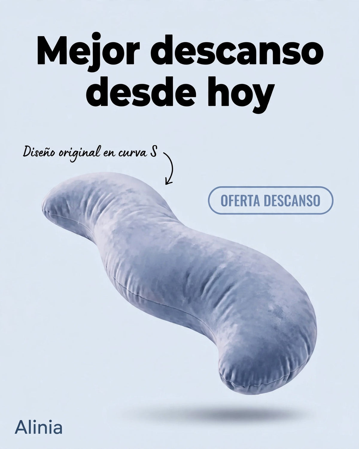 Almohada ergonómica en forma de S flotando sobre fondo celeste con textos promocionales sobre el descanso