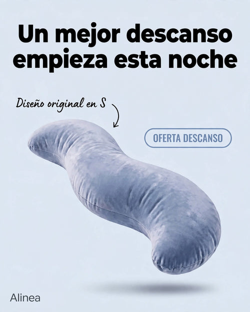 Almohada ergonómica en forma de S flotando sobre fondo azul claro con textos promocionales de descanso.