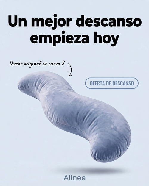 Almohada ergonómica con diseño en curva en S flotando sobre fondo claro con textos promocionales de descanso.