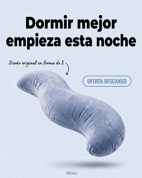 Almohada ergonómica en forma de S de color azul claro con texto sobre diseño curvo original.