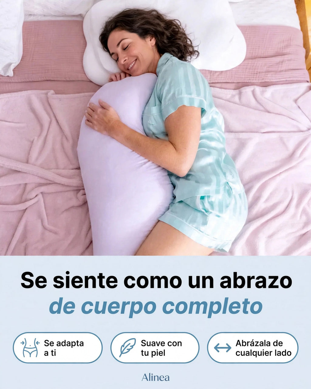 Mujer durmiendo abrazada a una almohada corporal ergonómica lila con infografía de beneficios de soporte.