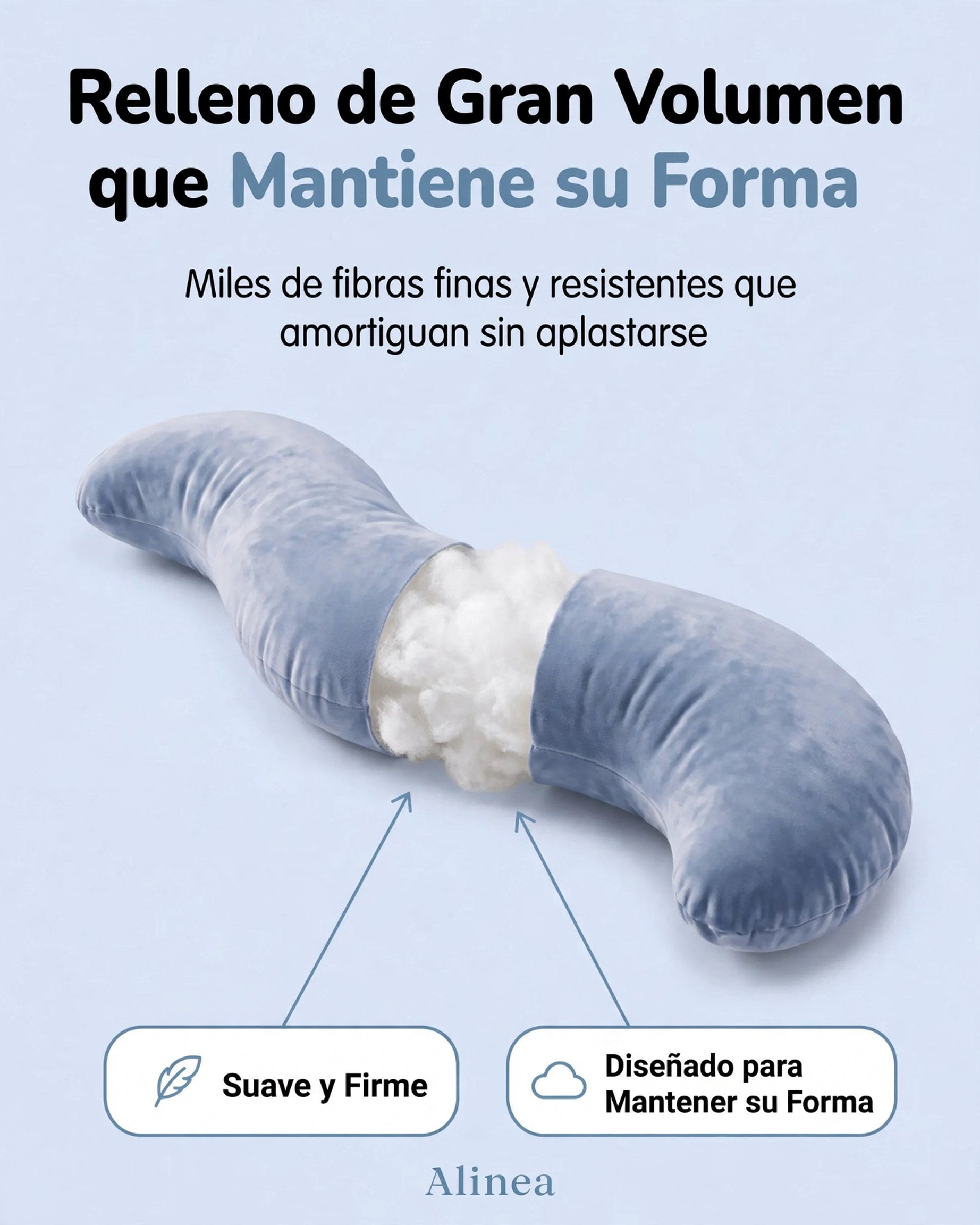 Almohada ergonómica azul seccionada mostrando su relleno de fibra suave y resistente que mantiene la forma.
