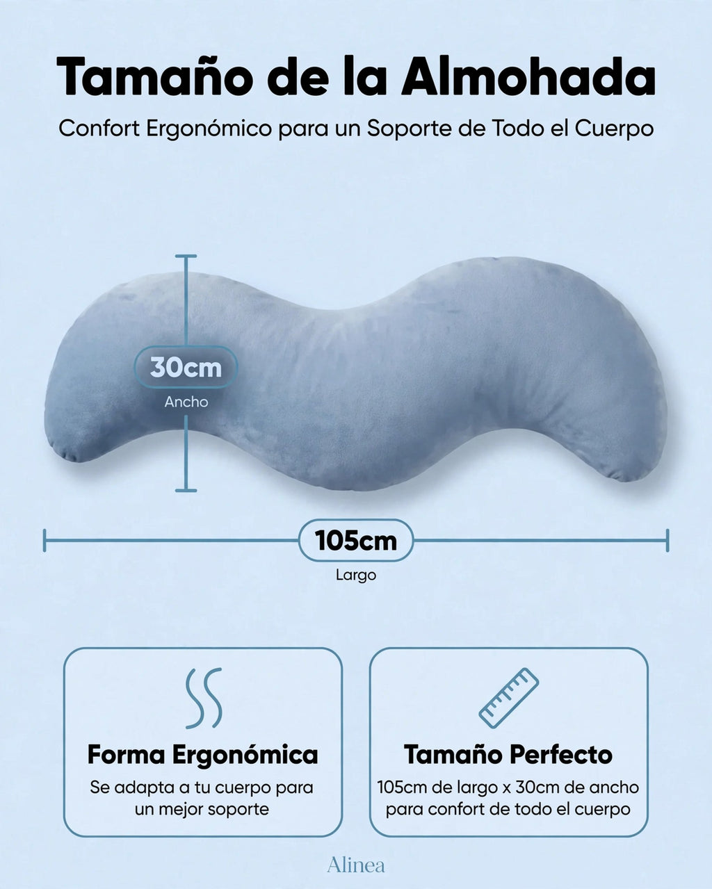 Infografía con medidas de la almohada ergonómica: 105 cm de largo por 30 cm de ancho y diseño ergonómico.