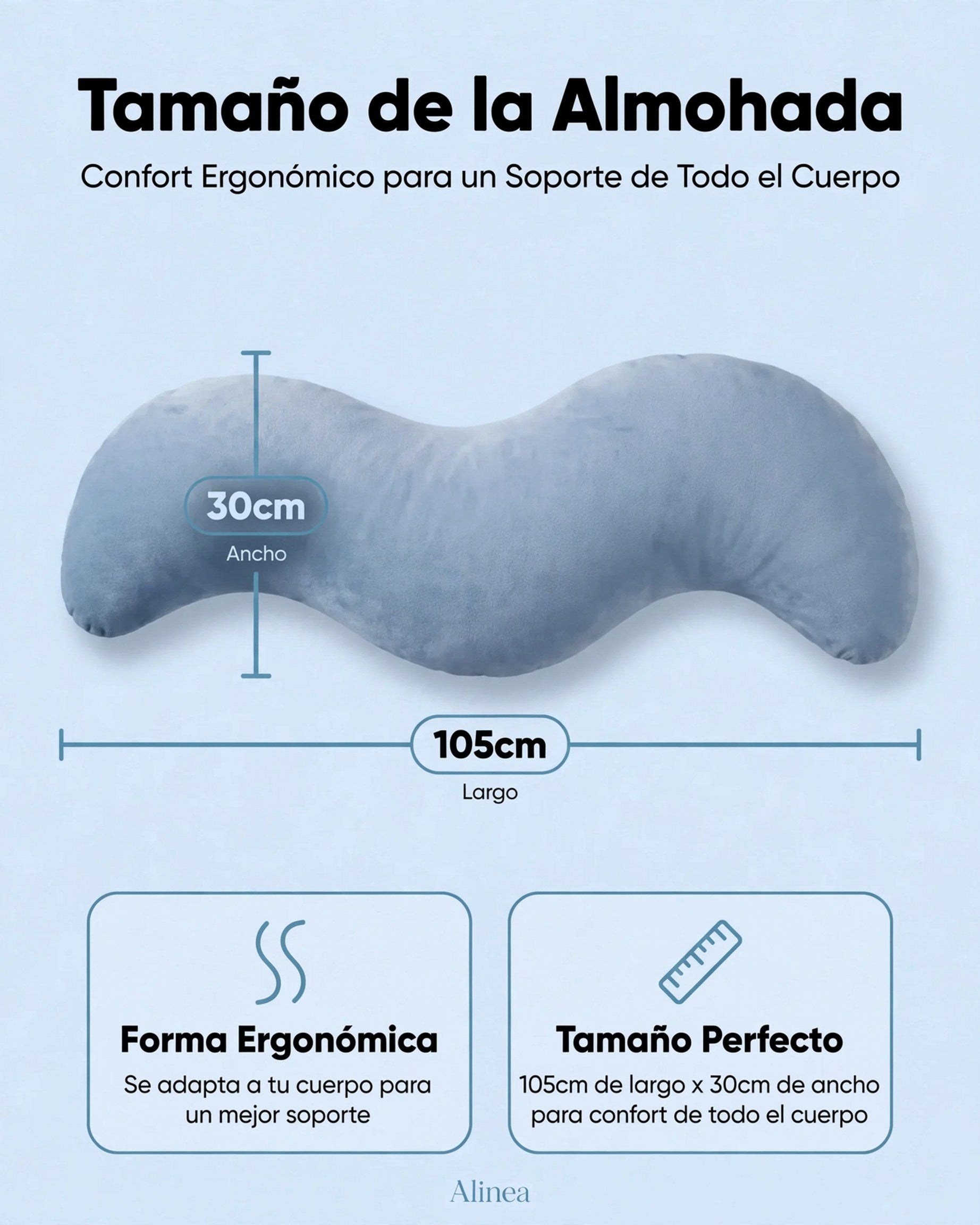 Infografía con medidas de la almohada ergonómica: 105 cm de largo por 30 cm de ancho y diseño ergonómico.