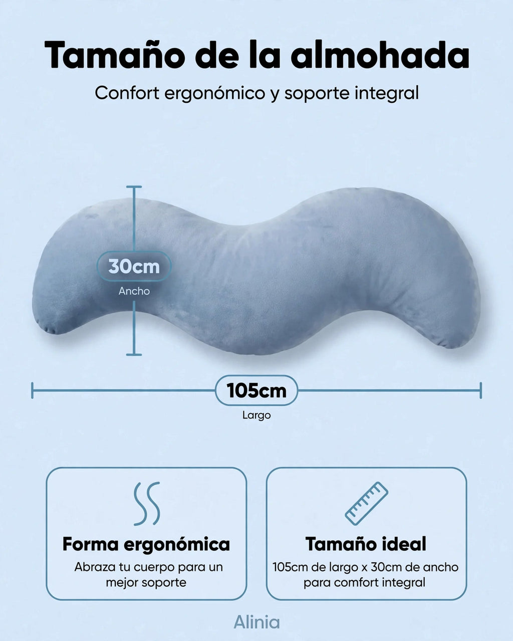 Medidas de la almohada ergonómica: 105 cm de largo por 30 cm de ancho con soporte corporal completo.