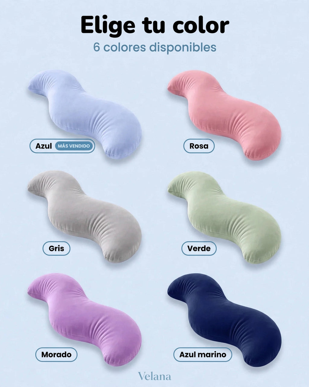 Opciones de 6 colores disponibles para la almohada ergonómica: azul, rosa, gris, verde, morado y azul marino.