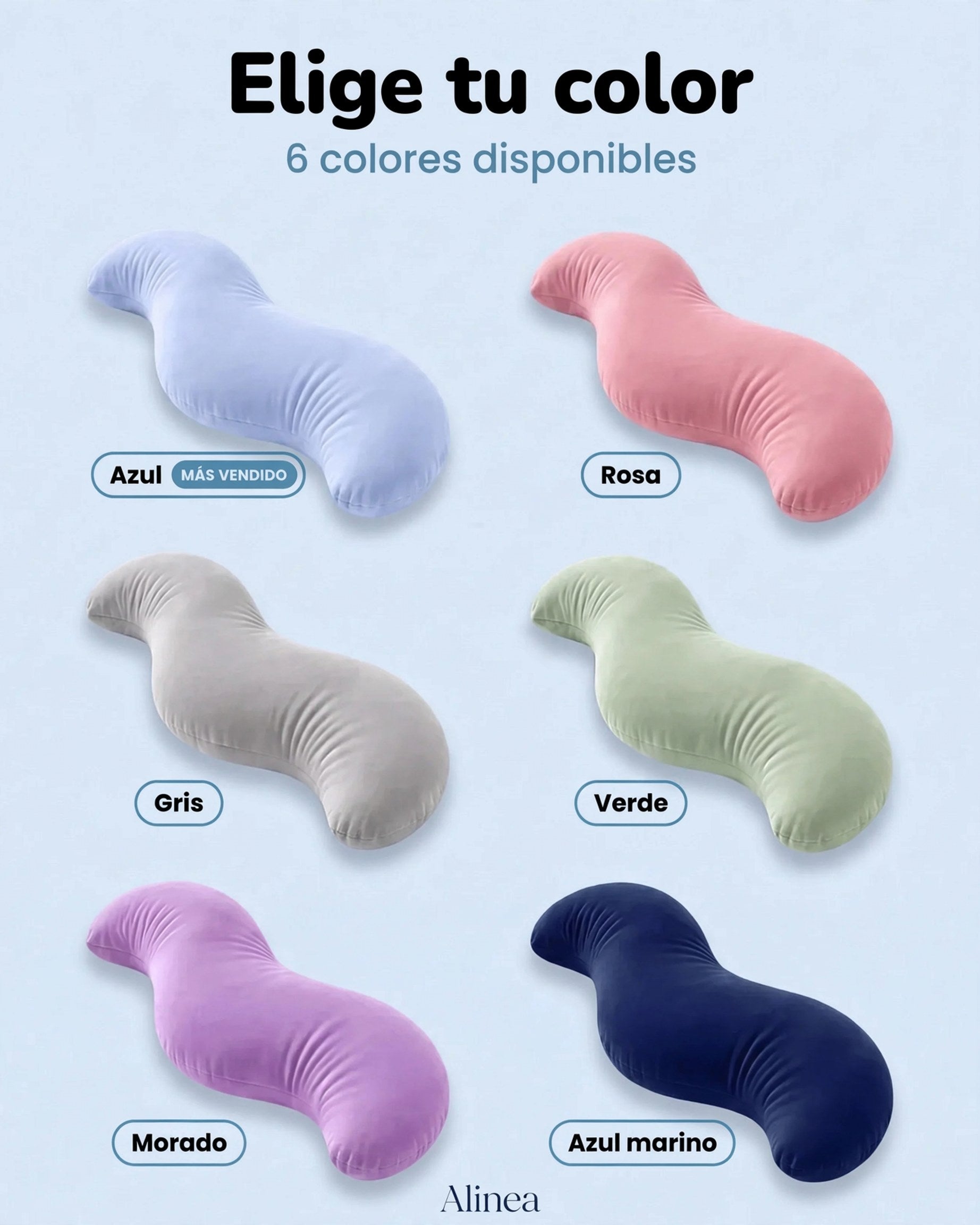 Opciones de 6 colores disponibles de la almohada ergonómica: azul, rosa, gris, verde, morado y azul marino.