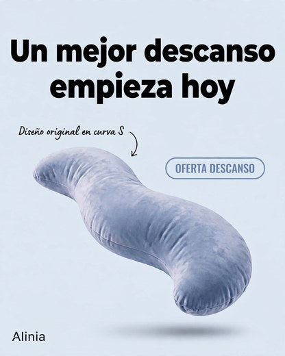 Almohada ergonómica en forma de S flotando sobre fondo celeste con textos en inglés promocionales