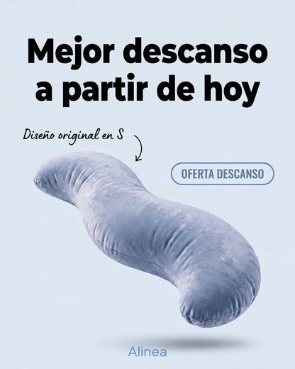 Almohada ergonómica azul en forma de S flotando sobre fondo claro con texto promocional de descanso.